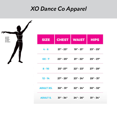 XoDanceCo 25011 Triple Threat Dance Short - Size Chart XoDanceCo 25011 Triple Threat Dance Short - Size Chart