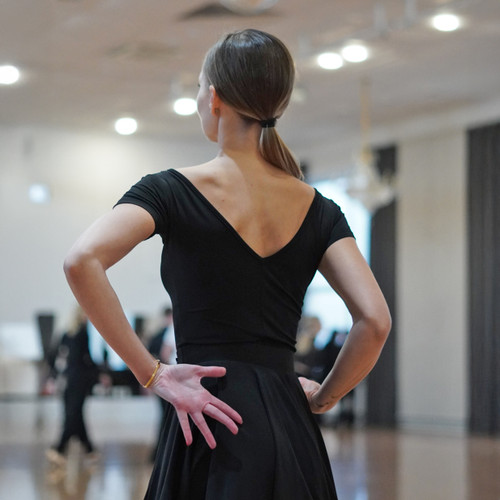 Dance Me BL396KR Short Sleeve Boat Neck Ballroom Practice Dance Top with V-Back