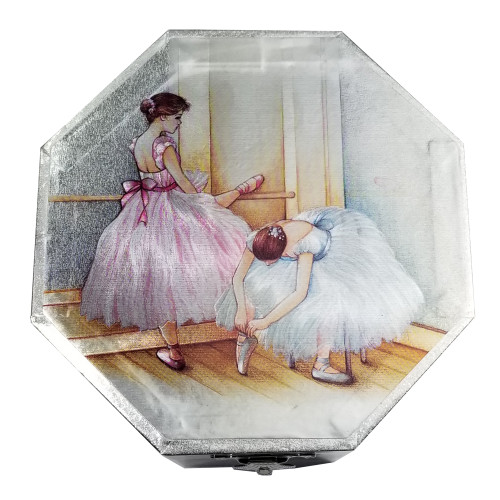 JB011 Two Dancers - Silver Ballerina Music Jewelry Box