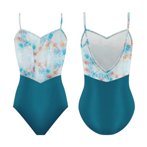 Danse De Paris L0112L Demi Jardin Lumi Teal Camisole Leotard with Floral Watercolor Bodice