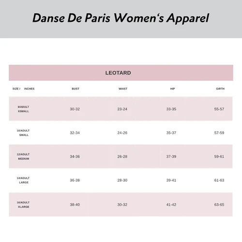 Danse De Paris L0112L Demi Jardin Perle Blush Camisole Leotard with Delicate Floral Bodice - Size Chart