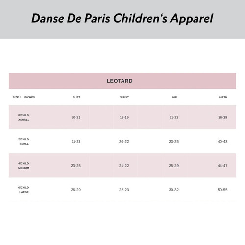 Danse De Paris R0128G Children's Scarlette Nenette Leotard with Attached Tutu Skirt- Size Chart