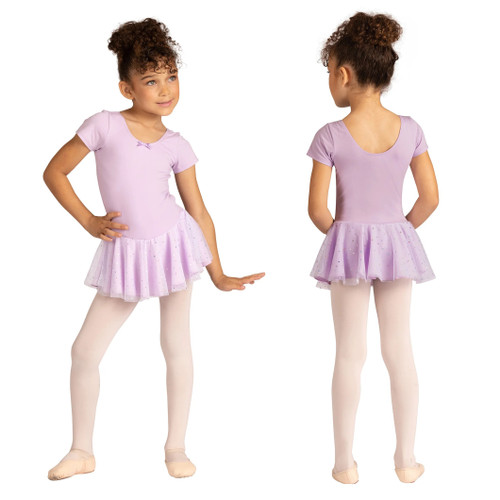 DanzNMotion 293 Children's Short Sleeve Dress with Attached Hologram Dot Skirt