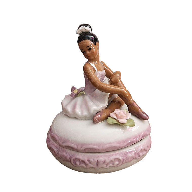 Nutcracker Ballet Gifts 10599 Porcelain Trinket Box with African American Ballerina Sitting in Purple Dress