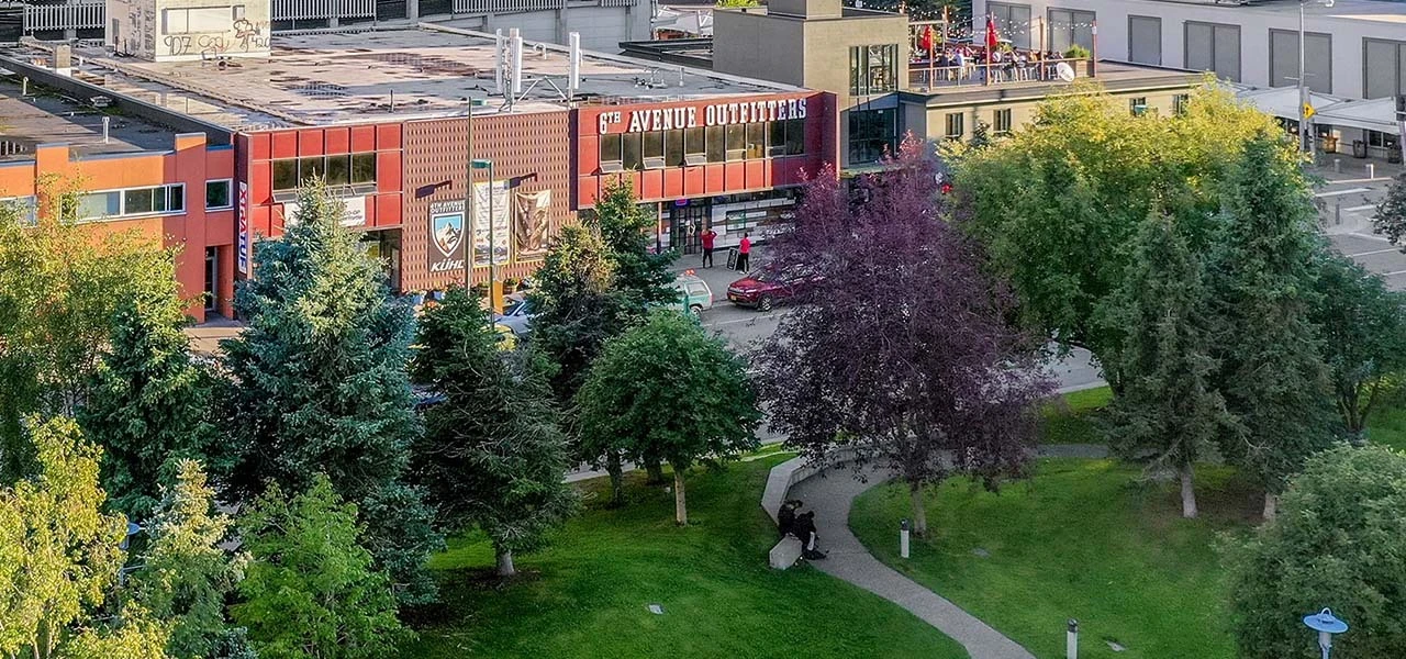 Aerial view showing the location of 6th Avenue Outfitters in Downtown Anchorage
