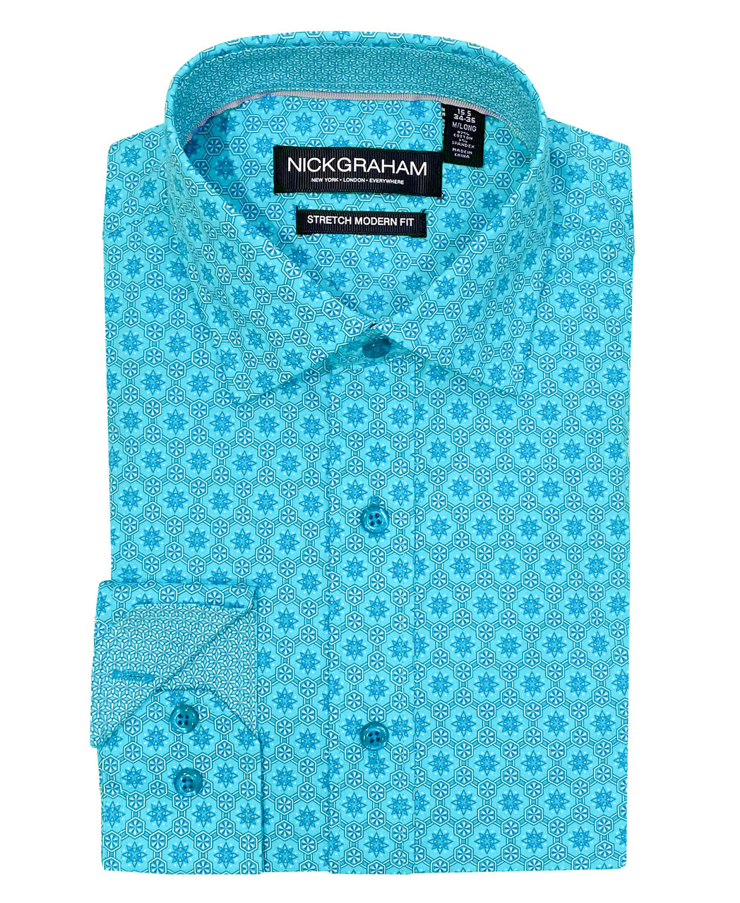 Nick Graham Men's Hexagon Star Dress Shirt - Aqua - 14.5-15 34/35