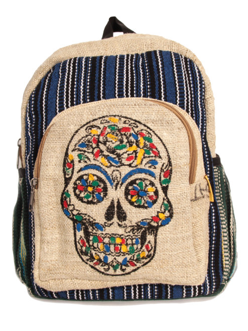 Dia de los muertos, Hemp backpack, skull with 2 Waterbottle pockets, medium, laptop/ipad pocket, 1 front pocket.