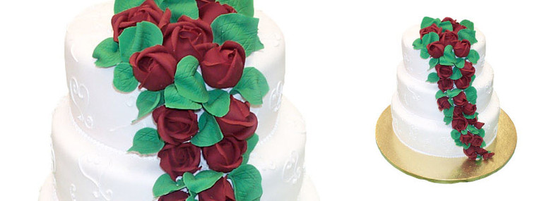 Wedding Cake 3 Tier White Icing Hearts on side with Red Roses