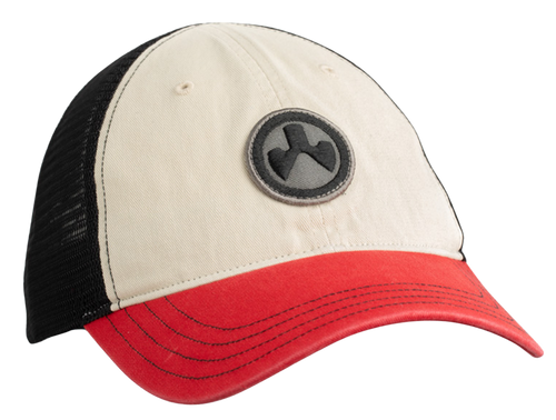 Magpul Icon Patch Garment Washed Trucker Hat, Stone/Black/Red, One Size Fits Most