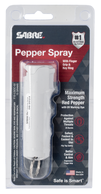 Sabre Pepper Spray, Flip Top, .54oz, Red Pepper & UV Dye, Light Gray