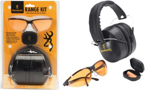 Browning Range Kit, Glasses, Foam Ear Plugs, 27/31 DB, Over the Head Muffs, Orange And Black, Adult Size