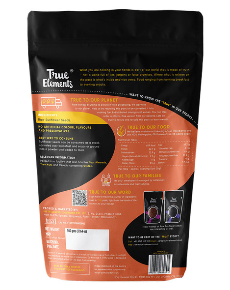 Raw Sunflower Seeds 500gm | By True Elements | 17.64 Oz | 1.1 lbs