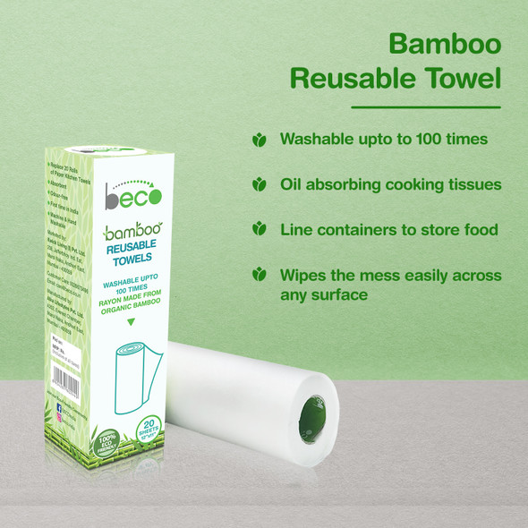 Eco-Friendly Reusable Kitchen Towel Roll - 20 Sheets Natural & Organic Cleaning Bamboo Cloth No Trees Cut | By BECO | 7.05 Oz | 0.44 lbs