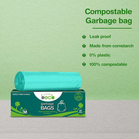 Compostable Medium 19 X 21 Inches Garbage Bags/Trash Bags/Dustbin Bags 15 Pieces - Pack of 3 | By BECO | 14.11 Oz | 0.88 lbs