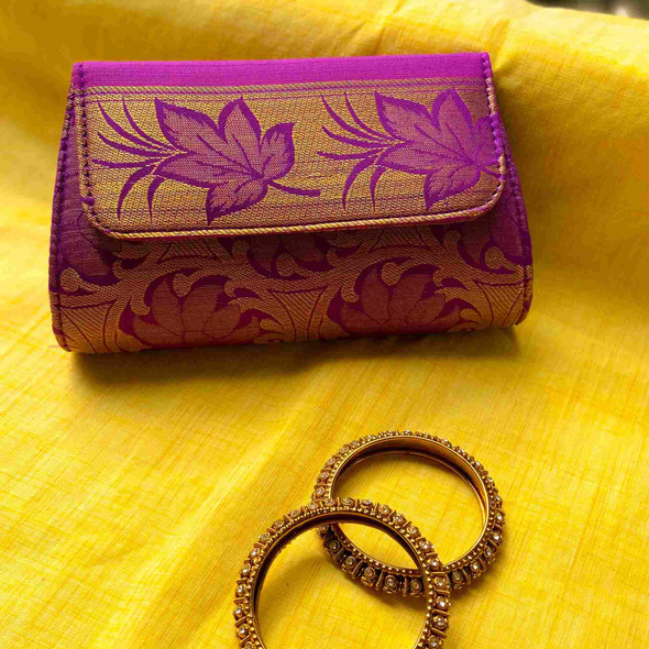 Clutch Purse- Purple Flowers on Golden | By Upcyclie | 4.53 Oz | 0.29 lbs