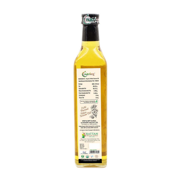 Certified Organic White Sesame Oil 500ml Glass Bottle | By Nutriorg | 16.91 fl Oz