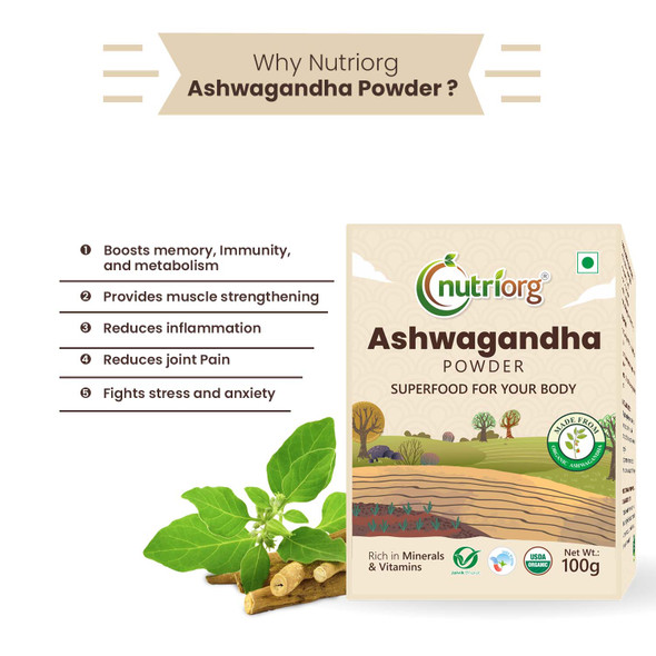 Certified Organic Ashwagandha Powder 100G | By Nutriorg | 7.05 Oz | 0.44 lbs