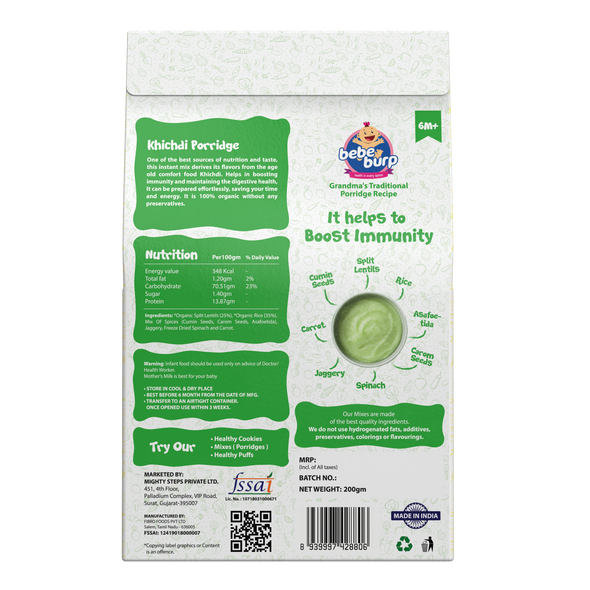 Natural Baby Food Instant Khichdi Mix Porridge with Spinach & Carrot | By Bebe Burp | 7.05 Oz | 0.44 lbs