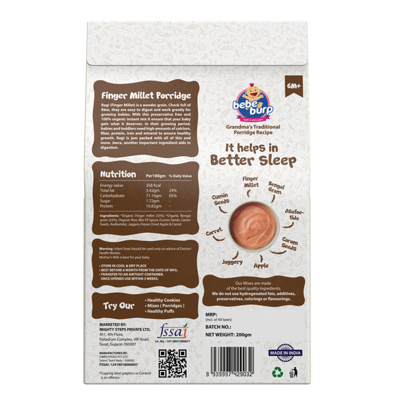 Natural Baby Food Instant Mix Finger Millet Porridge with Apple & Carrot | By Bebe Burp | 7.05 Oz | 0.44 lbs