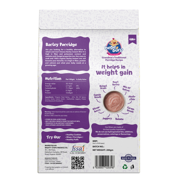 Natural Baby Food Instant Mix Barley Porridge with Banana & Strawberry | By Bebe Burp | 7.05 Oz | 0.44 lbs