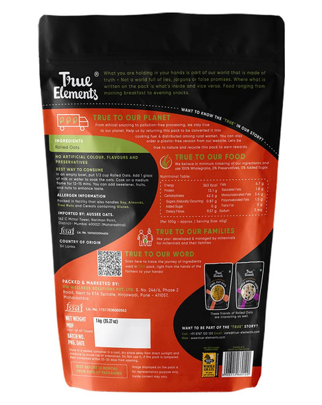 Rolled Oats Gluten Free 1000gm | By True Elements  | For USA |  35.27 Oz | 2.2 lbs
