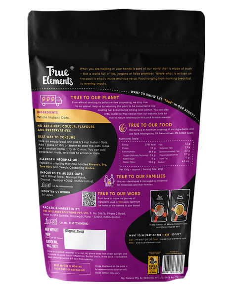 Whole Instant Oats 200gm | By True Elements  | For USA |  7.05 Oz | 0.44 lbs