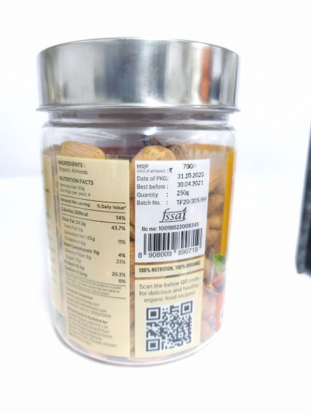 Organic Roasted Almonds 250g | By True Farm Foods | For USA | 8.82 Oz | 0.55 lbs