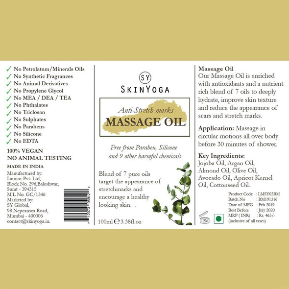 Body Massage Oil For Anti Stretch Marks |By Skin Yoga | 3.38  Fl Oz | SU-TQ-MAY20