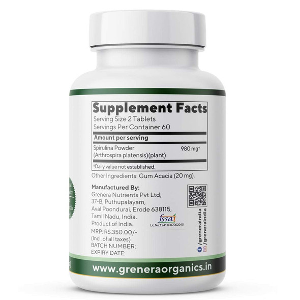 Spirulina Tablets Ã¢â‚¬â€œ 120 Tablets (500mg Each) |By Grenera | 2.12 Oz | 0.13 lbs | SU-TQ-MAY20
