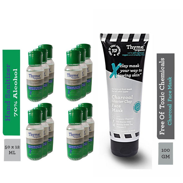 Hand Sanitizer (With 70% Alcohol) + Charcoal Glacier Clay Face Mask (Combo Pack) |By Thyme Organic | 14.11 Oz | 0.88 lbs | SU-TQ-MAY20