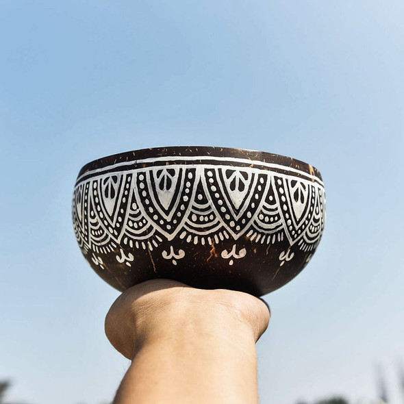Mandala Art Hand Painted Natural Jumbo Coconut Bowls |By EcoBowls | 3.53 Oz | 0.22 lbs | SU-TQ-MAY20