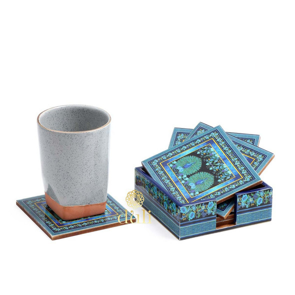 Two Peacock Design Enamel MDF Coasters with Case (Set of 6) |By Meher Collection | 16.93 Oz | 1.06 lbs | SU-TQ-MAY20