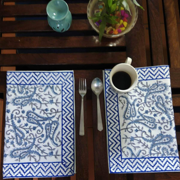 Blue Colour Paisley Jaal Hand Block Printed With Natural Dye Cotton Canvas Table Mat (6 Pieces) |By Moriyo | 17.64 Oz | 1.1 lbs | SU-TQ-MAY20