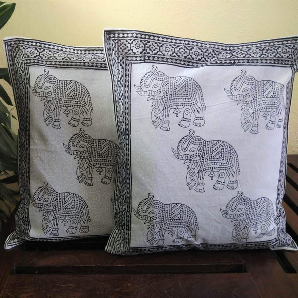 Small Elephant Design Black Colour Hand Block Printed With Vegetable Dye Cotton Cushion (Single) |By Moriyo | 7.05 Oz | 0.44 lbs | SU-TQ-MAY20