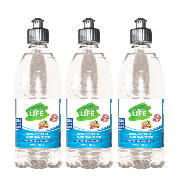 Disinfectant Hand Sanitizer (Citrus) - 3 x 500 ml (Round Bottles) |By Natural Life | 52.91 Oz | 3.3 lbs | SU-TQ-MAY20