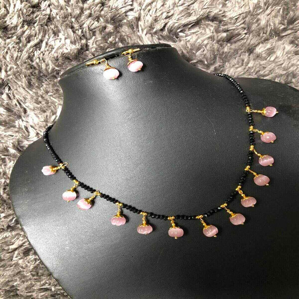 Pink Tarbuja Beads With Onyx Crystal Beads Necklace Set |By Beyond Beads | 0.53 Oz | 0.03 lbs | SU-TQ-MAY20