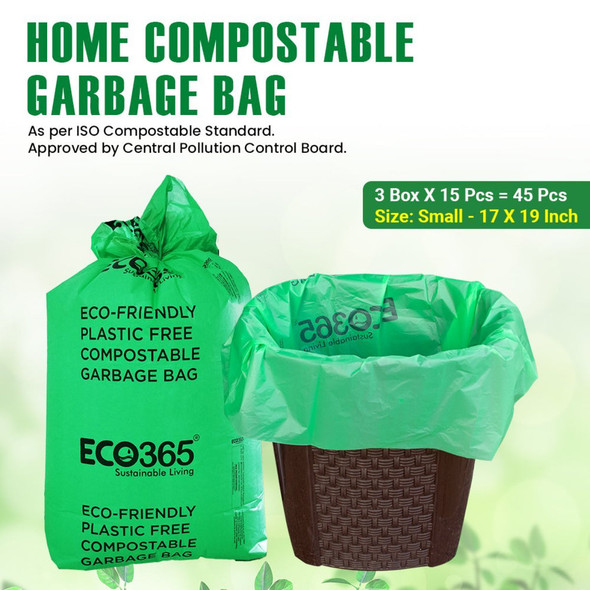 Home Compostable Garbage Bags - 17X19 Small (Pack of 3=45pcs) |By ECO365 | 14.46 Oz | 0.9 lbs | SU-TQ-MAY20