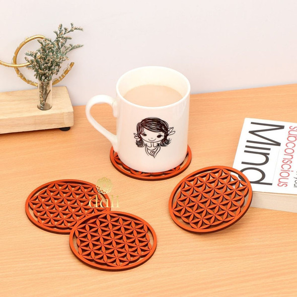 Orange Color Floral Design MDF Lasercut Coasters (Set of 4) |By Meher Collection | 2.4 Oz | 0.15 lbs | SU-TQ-MAY20