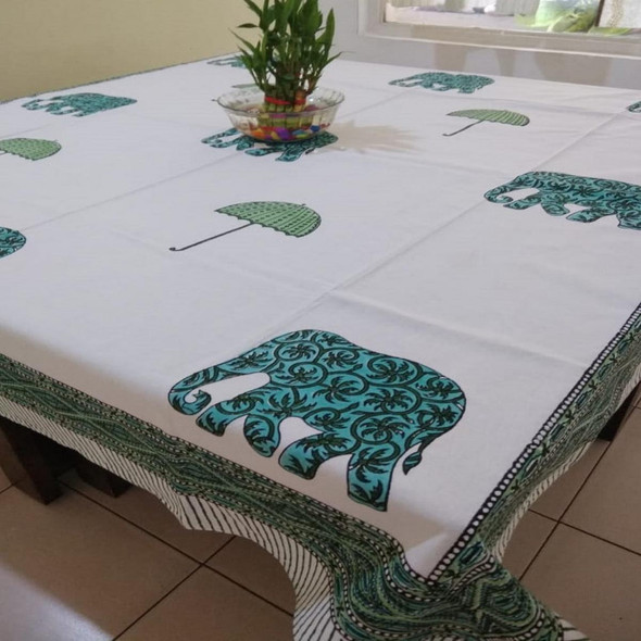 Elephant With Umbrella Design Green Colour Hand Block Print 100% Cotton 4 Seater Table Cover |By Moriyo | 8.82 Oz | 0.55 lbs | SU-TQ-MAY20