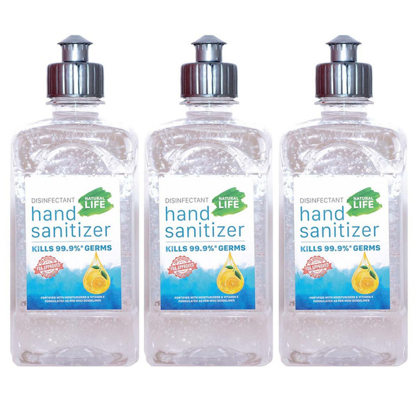 Disinfectant Hand Sanitizer (Citrus)- 3 x 500 ml (Square Bottles) |By Natural Life | 52.91 Oz | 3.3 lbs | SU-TQ-MAY20