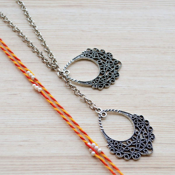 Silver Plated Beautiful Rakhi Bracelet Lumba with Mauli Rakhi for Brother and Bhabhi or Sister |By Saffron Strands | 3.53 Oz | 0.22 lbs | SU-TQ-MAY20