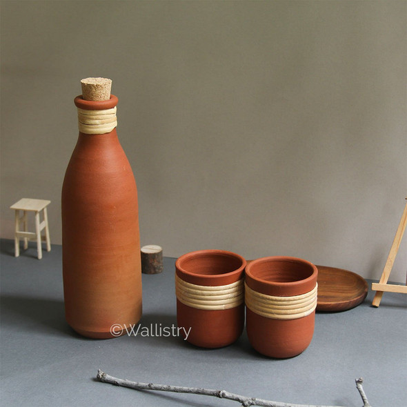 Clay Water bottle (1 Ltr) + Clay Tumblers (Set of 2) |By Wallistry | 31.75 Oz | 1.98 lbs | SU-TQ-MAY20