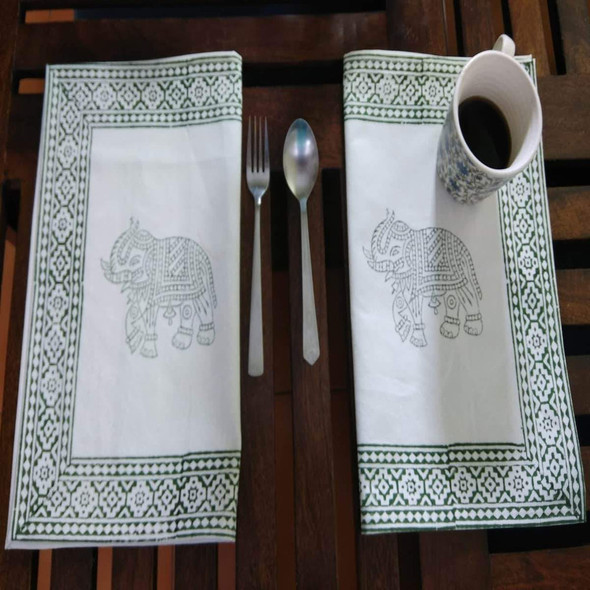 Elephant Design Green Colour Hand Block Printed Cotton Canvas Table Mat (6 Pieces) |By Moriyo | 17.64 Oz | 1.1 lbs | SU-TQ-MAY20