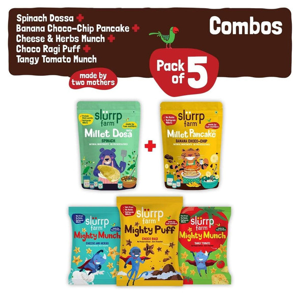 Protein Breakfast Combo Pack of 5 - Spinach Dosa Mix, Choco-Chip Pancake Mix & Pack of 3 Puffs |By Slurrp Farm | 12.7 Oz | 0.79 lbs | SU-TQ-MAY20