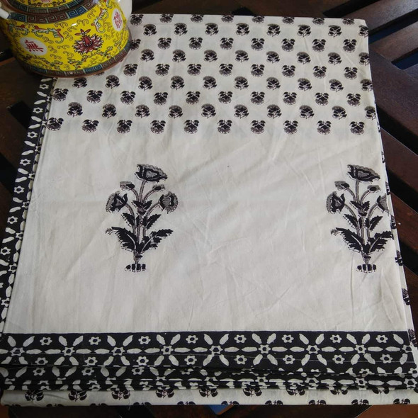 Small Flower Design Black Colour Hand Block Printed Cotton 6 Seater Dinning Table Cover |By Moriyo | 8.82 Oz | 0.55 lbs | SU-TQ-MAY20