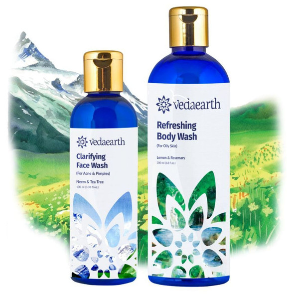 Clarifying Skin Care Duo For Acne Prone Skin, 100% Natural & Pure, Washes Acne-Causing Dirt |By Vedaearth | 7.05 Oz | 0.44 lbs | SU-TQ-MAY20