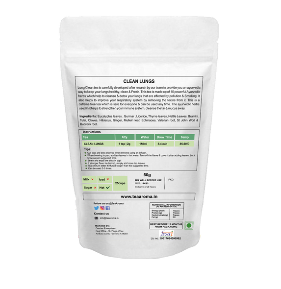 Clean Lungs Tea (50g) , Completely Natural Formulation , Herbal Tea Organic , Detox Tea | By Tea Aroma | 1.76 Oz | 0.11 lbs