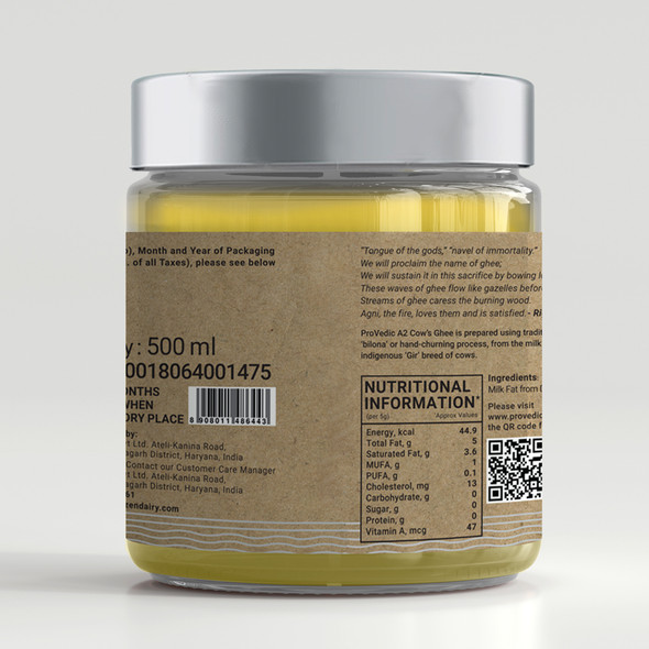 A2 Cow Ghee - Prepared Using The Hand-Churning, Bilona Process - Pure Gir Cow Ghee - Bilona desi Cow ghee 500ml | By ProVedic | 16.91 fl oz | 0.13 gallon
