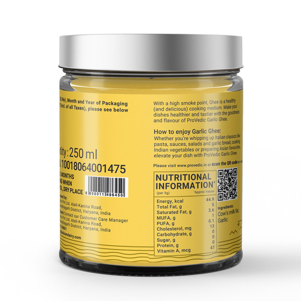 Garlic Infused Cow Ghee - Infused Ghee - 250ml | By ProVedic | 8.45 fl oz | 0.07 gallon