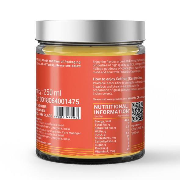 Saffron Infused Cow Ghee - Infused Ghee - 250ml | By ProVedic | 8.45 fl oz | 0.07 gallon